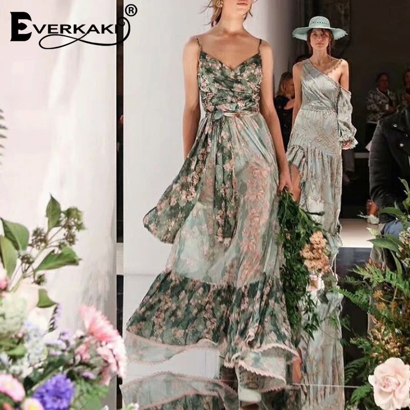 Everkaki Gypsy платье-комбинация макси с принтом, женское богемное кружевное лоскутное платье с v-образным вырезом и молнией, зеленое богемное длинное платье для женщин, лето, новинка
