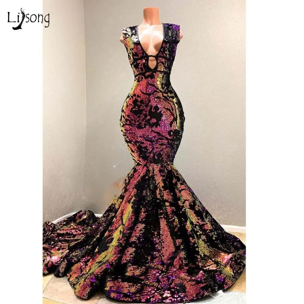 

2019 Sparkly Galaxy Color Sequined Mermaid Prom Dresses Sexy Deep V-neck Long Prom Gowns Real Image Party Dress