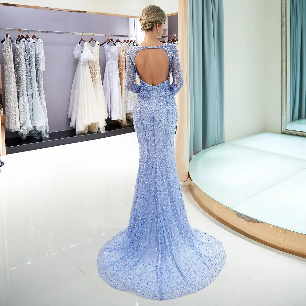 High quality beaded evening Dresses long 2018 mermaid open back evening party dresses hijab Prom gown tulle formal Gown Vestido