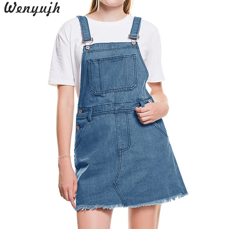 

WENYUJH Women Dress Denim Jeans Overall Dress Casual Street Wear Button Mini Dresses For Lady Pocket Solid Strap Vestidos