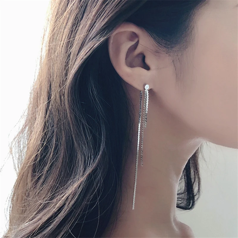 

HUANZHI 2019 New Korean Stylish S925 Silver Needle Chain Long Tassel Shining Stud Earring for Women Girls Party Gift
