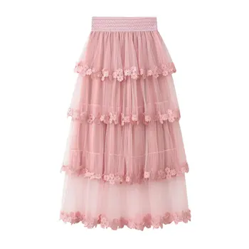 

Midi Skirt Real Mesh Polyester Lanon Lolita Korean Version 2019 New High Waist Sweet Slim Web Yarn Stitching Cake Skirt