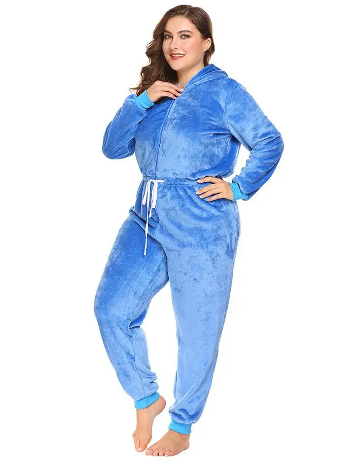 Ekouaer зима размера плюс женские комбинезоны с капюшоном пижамы с длинным рукавом на молнии шнурок флис цельный домашний пижамный комплект 4XL