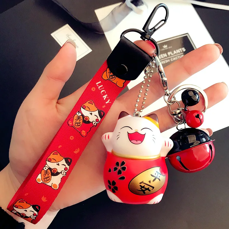 Cartoon Cute Animal Smile Face Lucky Cat Keychain Braid Belt Bells Key Ring Women Car Bag Charm Key Chains Pendant Trinkets Gift