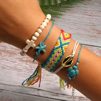 MOON GIRL 5 Pieces Puka Shell Bracelet Set Turtle Starfish Cross Beads Boho Weave Bracelet for Women Friendship Jewelry Dropship - Metal Color: 3