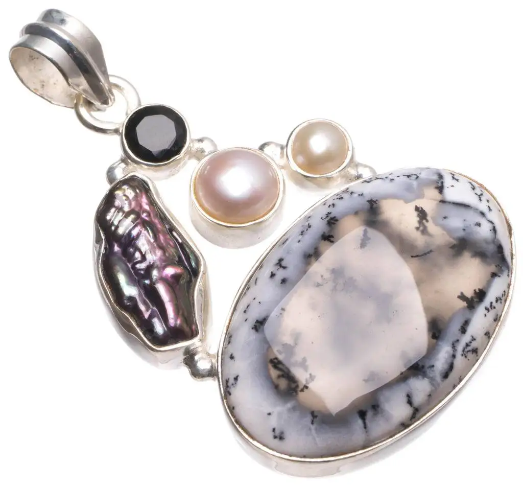 Natural Dendritic Opal,Biwa Pearl,River Pearl Black Onyx Unique 925 Sterling Silver Pendant 1 3/4 U0113 соус паста pearl river bridge hoisin sauce хойсин 260 мл