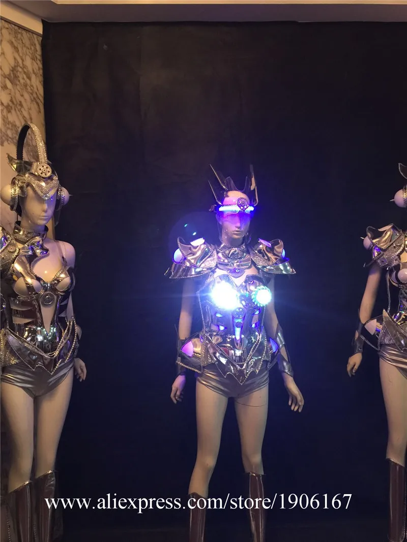 Silver bar ballroom dance led costumes helmet lighted sexy dresses singer wears stage models car robot clothes music dj10