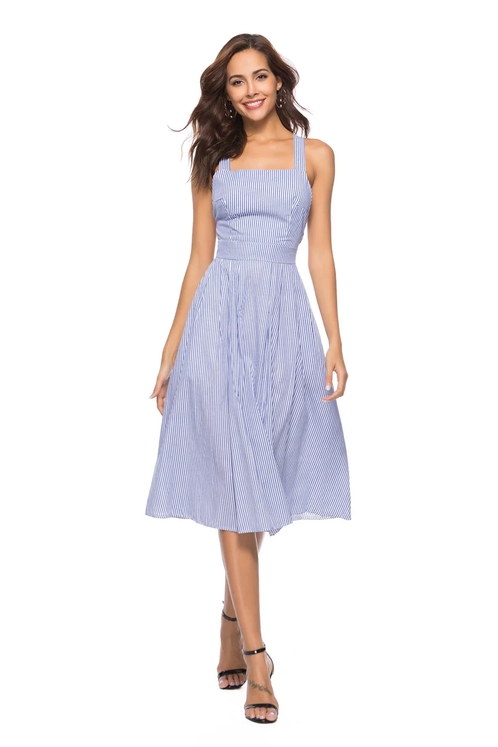 2018 Summer Light Blue Striped Halter Neck Dress Backless  Cross shoulder strap  Sexy striped dress Free Shipping