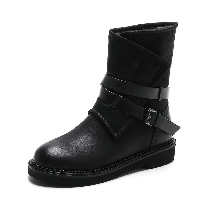  ZawsThia Winter Warm Plush Genuine Leather Martin Boots With Buckle Strap Female Safety Army Platfo