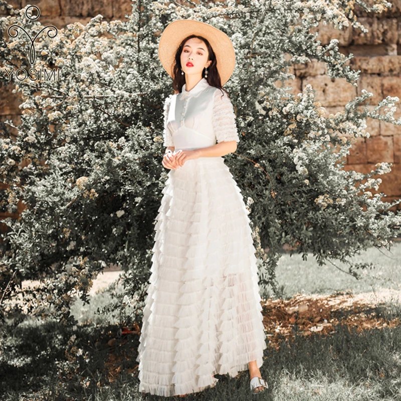 

YOSIMI Evening Party Women Dress Summer Long Dress 2019 Maxi Tunic Short Sleeve Mesh Female Vestido Ankle-Length Runway Dress