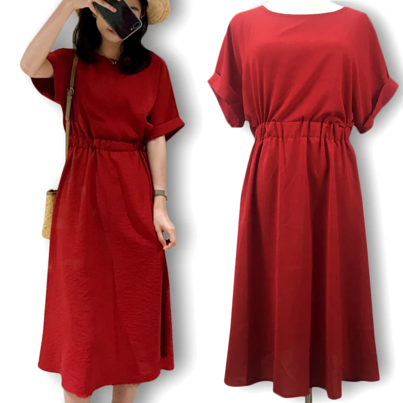

2019 Summer New Fashion Simple Red Dress Back Bow Button Short Sleeve O-Neck Solid Casual Cotton Dresses