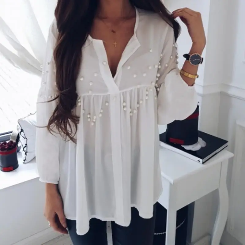 white blouses shirt pearl beading office lady casual woman spring of 2018 Spring Camis Blusas clothing WS6098k |