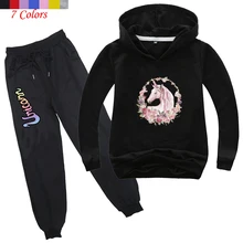 Одежда для мальчиков и девочек с цветочным принтом и единорогом; сезон весна-осень; детские толстовки с капюшоном; штаны-шаровары; повседневный костюм для бега