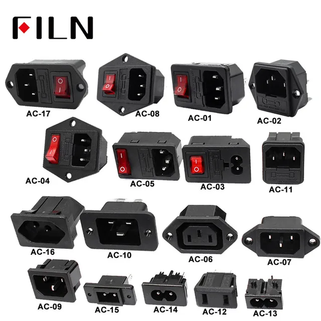 IEC320 C14 Electrical AC Socket 3 pin red LED 250V Rocker Switch 10A