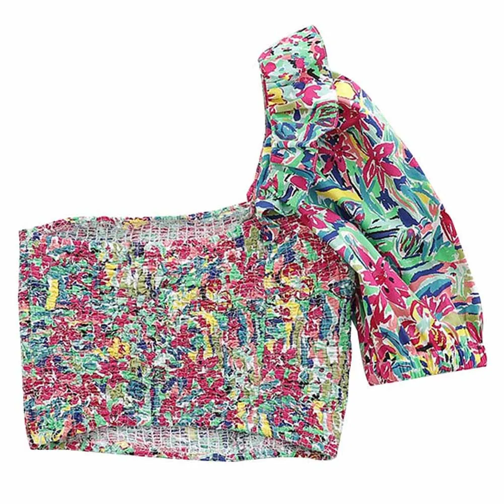 Best TXJRH Stylish Colorful Floral Print Blouse One Sleeve Ruffles Shirt Crop Tops Waist Sashes Tied Bow Shorts Skirts 2 Pieces Set