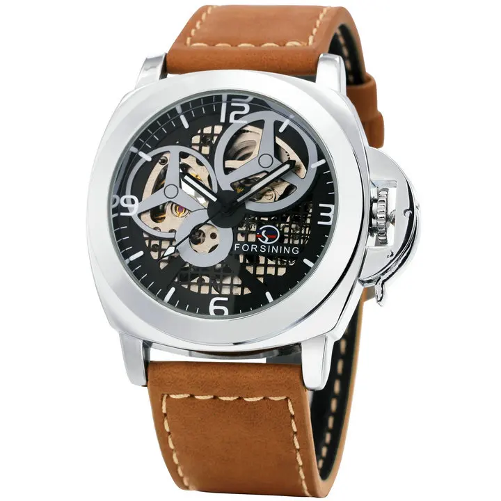 FORSINING Модные мужские автоматические механические часы коричневый кожаный ремешок Скелет циферблат 3D Индекс дизайн Топ бренд класса люкс наручные часы - Цвет: SILVER BLACK