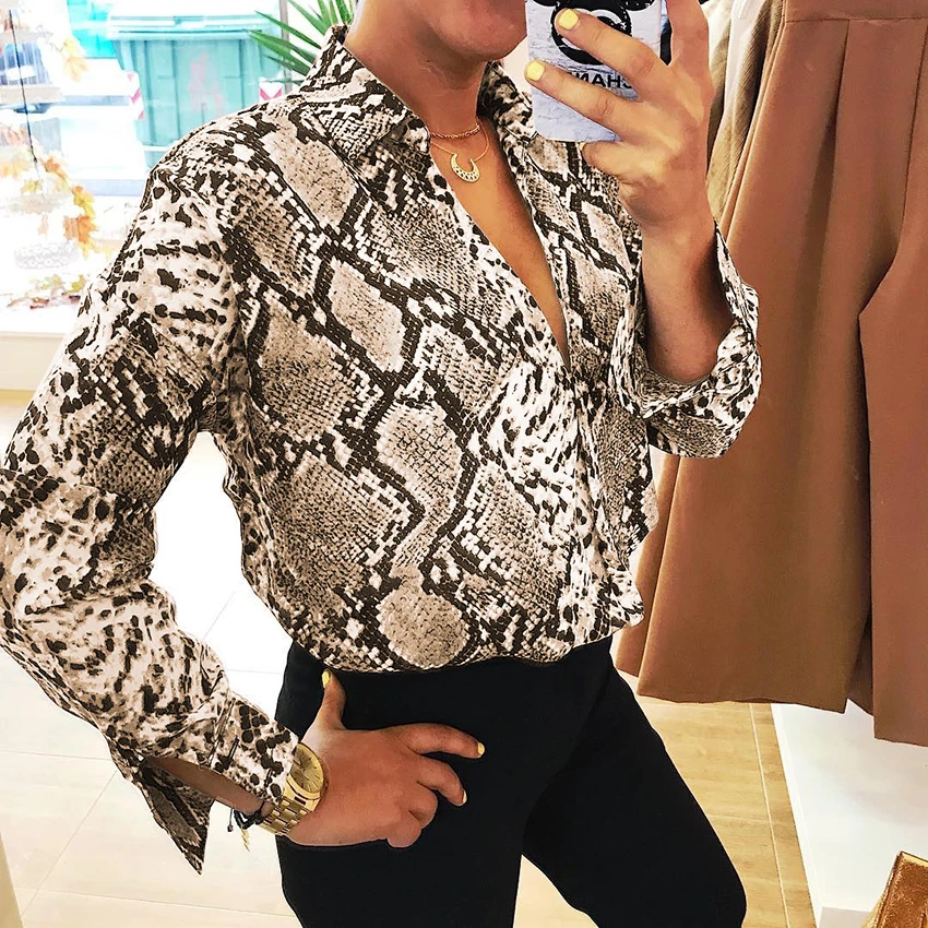 OOTN змеиная шелковая рубашка с длинным рукавом Женские топы и блузки офисная летняя атласная блузка женская Винтажная с животным принтом Мода