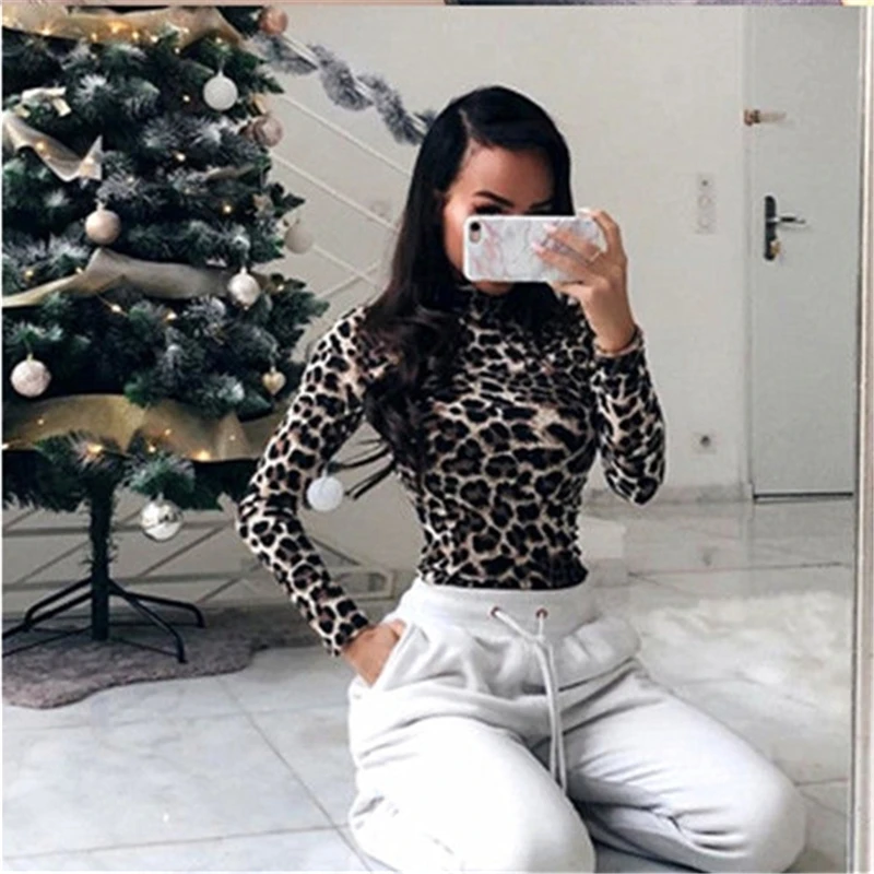مثير المرأة ليوبارد داخلية الأزياء الإناث طويلة الأكمام الياقة المدورة ضئيلة bodycon داخلية سيدة رواج حزب clubwear جديد الخريف
