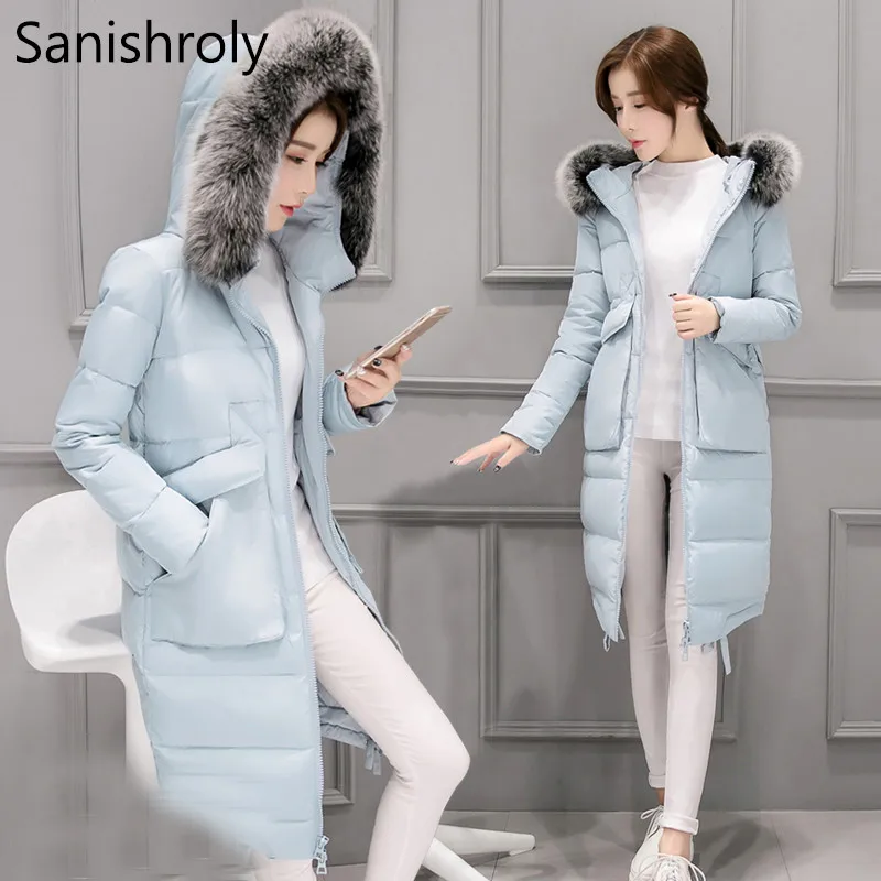 

Sanishroly 2018 Autumn Winter Warm Thicken Hooded Jacket Women White Duck Down Coat Parka Female Big Fur Collar Long Coats SE313