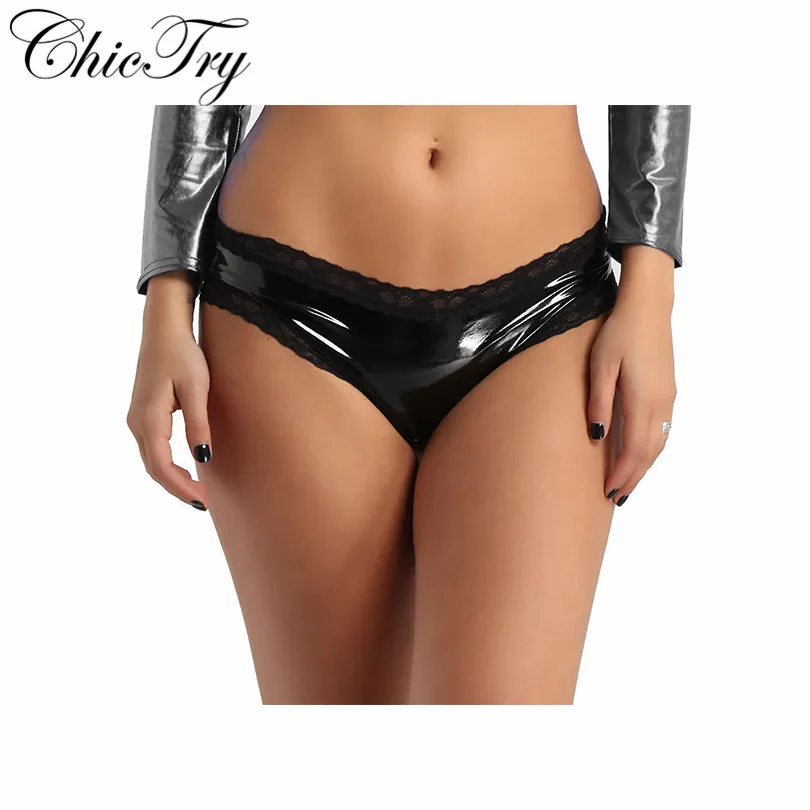 

Fashion Female Women Lingerie Panties Wet Look Faux Leather Lace Trim Criss Cross Cut Out Back Low Rise Mini Briefs Underwear
