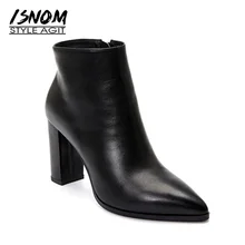 ISNOM/сезон весна; коллекция года; ботинки на Высоком толстом каблуке; женские ботинки из натуральной кожи с высоким горлом и острым носком; женская обувь на молнии; зимняя обувь