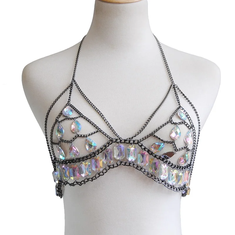Black bra Бохо цепочка для тела со стразами бюстгальтер для танцев пляжная цепочка бикини бюстгальтер модный шарм портупея цепь аксессуары для тела ювелирные изделия для женщин - Окраска металла: Black bra