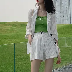 2019 летний женский комплект 2 шт. льняной хлопковый полосатый блейзер и шорты Повседневный комплект из двух предметов Топ и короткие штаны