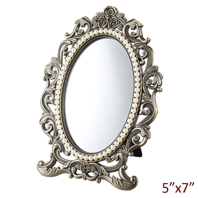 

European Antique Bronze With White Pearls and Clear Crystals Jeweled Rose Flower Design 5x7 inches Oval Metal Tabletop Mirror
