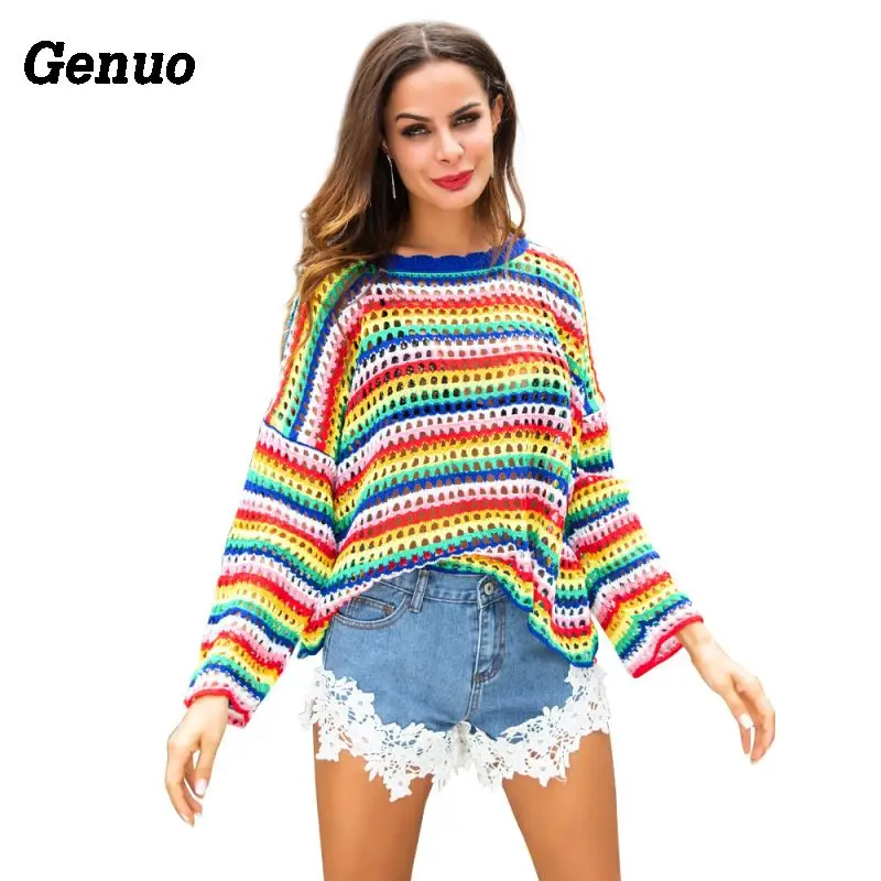 Genuo Colorblock Rainbow Striped Sweaters women patchwork jumpers hollow out knitted fashion bat sleeve oversized pullover top
