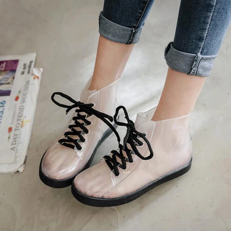 

PVC Lace UP Platform Ankle Boots Woman Transparent Large Size Round Toe Ladies Shoes Non-Slip Summer RainBoots Buty Damskie