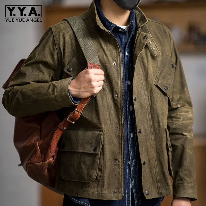 

Spring Autumn Safari Style Men Multi-pockets Jacket 2019 Vintage Motor Biker Windbreaker Coat Stand Collar Slim Fit Work Jacket
