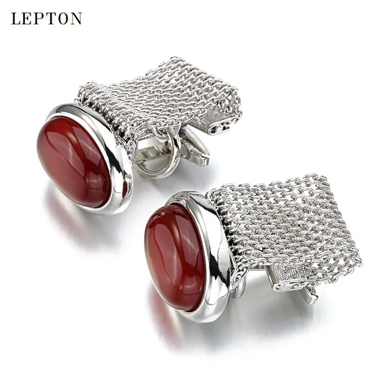 Hot Luxury Red Onyx Cufflinks for Mens Lepton Brand Men Shirt Cuffs Cufflink High Quality ellipse Stone Cuff links gemelos