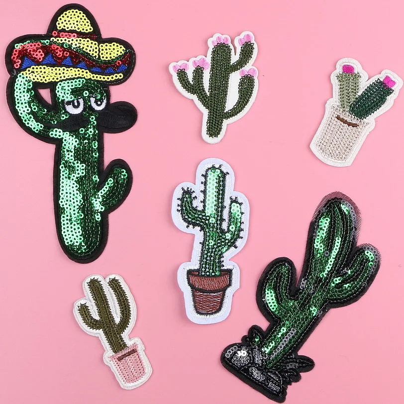 

1pcs/lot Brand Patch 6 Style Green Cactus Embroidered Sequin Patches Iron On Fabric Badges Sew On Clothes Appliques DIY Sticker