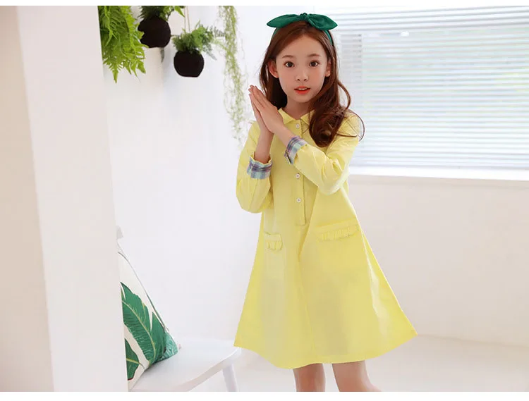 children school long shirts big girls dresses fall 2018 autumn cotton teen girls dress princess long sleeve tops yellow clothing (11)