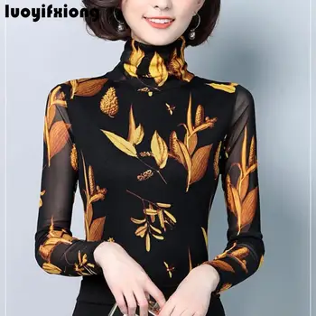 

Blusas Mujer De Moda 2019 New Long Sleeve Turtleneck Lace Blouse Print Lace Women Shirts Korean Fashion Clothing Slim Women Tops