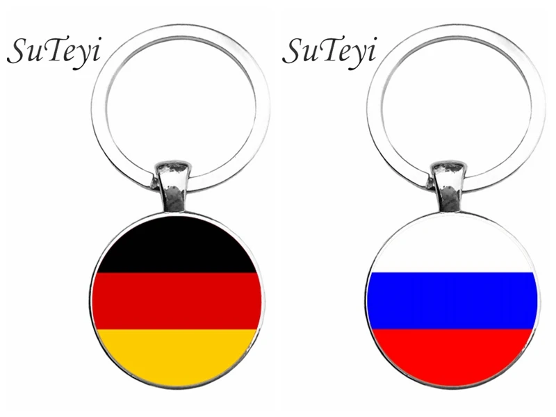 

SUTEYI Vintage Germany/Russia Flag Art Keychain Crystal Men Bag/Car Key Ring Jewellery Glass Dome Women Handbag Key Chain