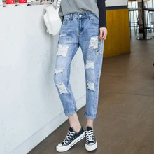 Новые Джинсы бойфренда женские рваные джинсовые брюки с дырками винтажные Ретро повседневные брюки со средней посадкой Модные шаровары