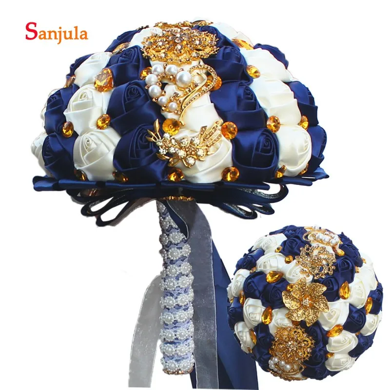 

Navy Blue and Ivory Color Mixture Wedding Bouquet 2019 Newly Sparkle Crystals Gold Metals Wedding Accessories casamento WB15