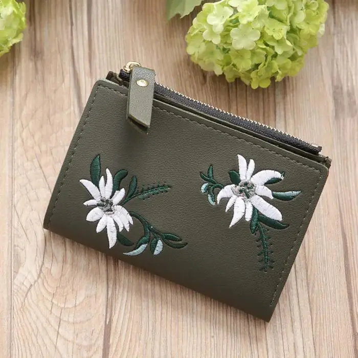 Женский кожаный мини-кошелек с цветочным рисунком, сумка-Органайзер для денег, короткий роскошный дизайнерский кошелек на молнии, маленькие держатели с вышивкой