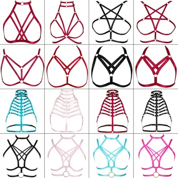 

Fashion Women Bra Red Harness Sexy Hollow Out Underwear Top Cage Cupless Tops Pentagram Breast Accessory waist Belt Dance Rave