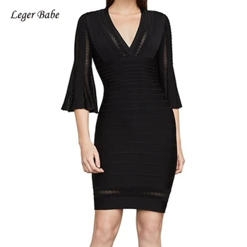 

High Quality 2020 Black Bandage Dress Women Sexy V-Neck Flare Sleeve Bodycon Casual Celebrity Party Dresses Vestidos