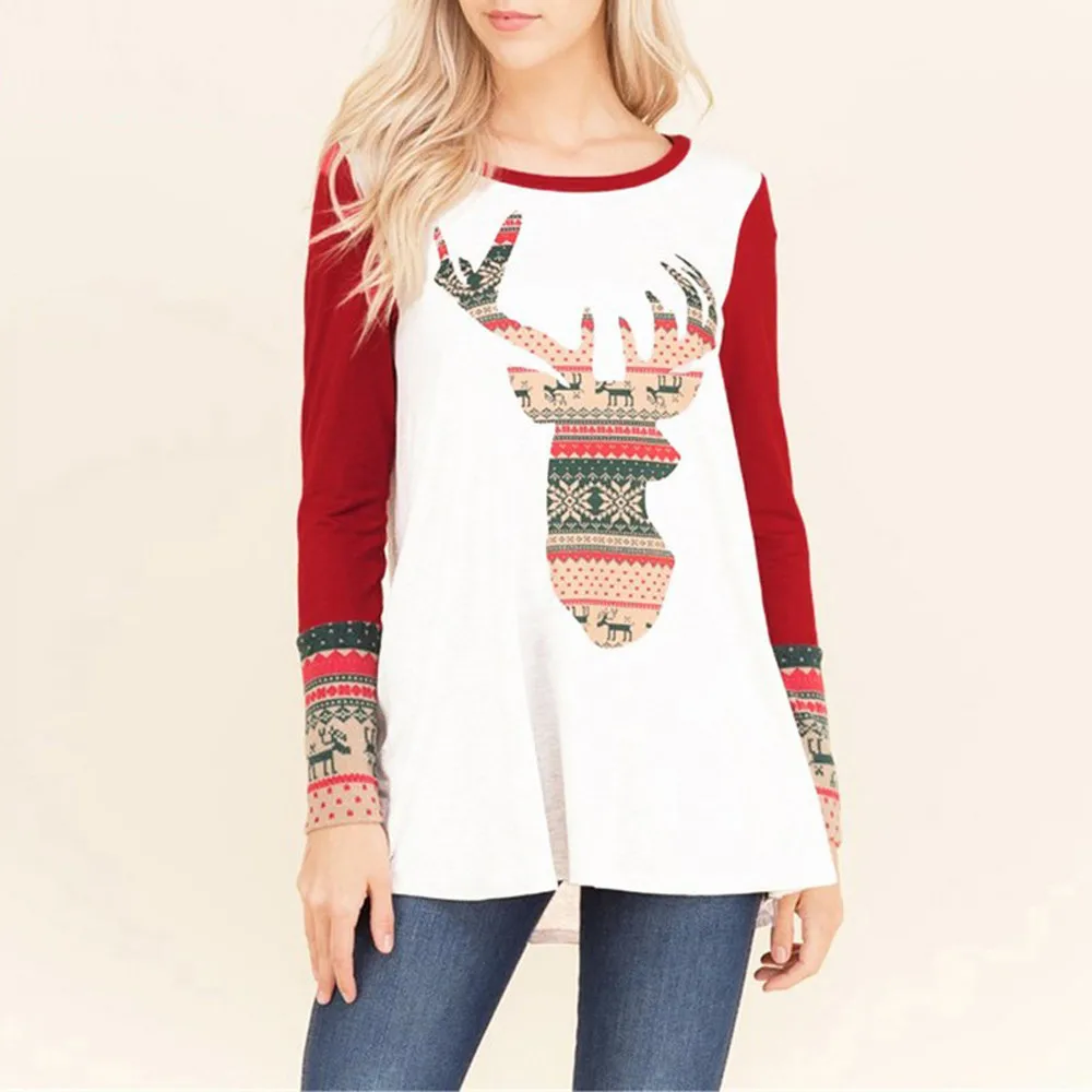 

Fashion Women Merry Christmas T shirt 2018 Spring Autumn Elk Print O-Collar Long Sleeve Top Tees All Matched T Shirt Plus Size