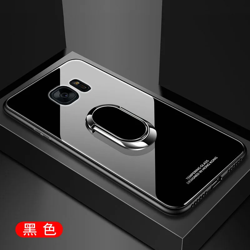 black For Samsung Galaxy S7 edge Case Hard Tempered Glass With Stand Ring Magnet Protect Back Cover Case for samsung s7 s7edge shell - Цвет: black