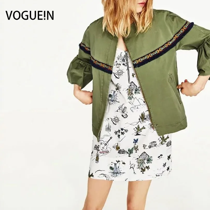 

VOGUE!N New Womens Spring Ladies Ethnic Embroidered Zip Up Trumpet Sleeve Tops Coat Jacket Size