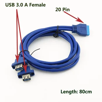 

1pcs USB 3.0 Cable Dual Port USB 3.0 A Female Screw Mount Panel Type to Motherboard 20 Pin PC Case Cord 80cm Blue
