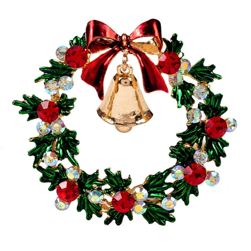 

Christmas Wreath Brooches Pin Red Green Rhinestones Holly Leaves Flowers Bow Garland Brooch For Women Men Jewelry Gift M8694