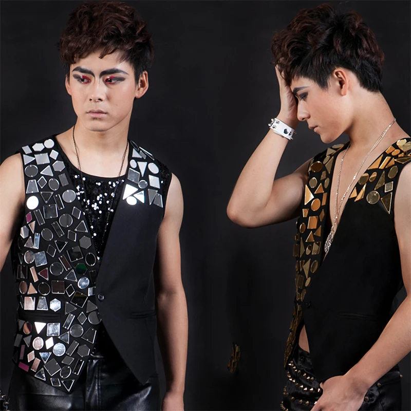 

Jazz Dance Costumes Men Jacket Blazer Mirror V-Collar Vest Dancer Night Party Bar Dj Ds Gogo Clothing Singer Show Clothes DT791