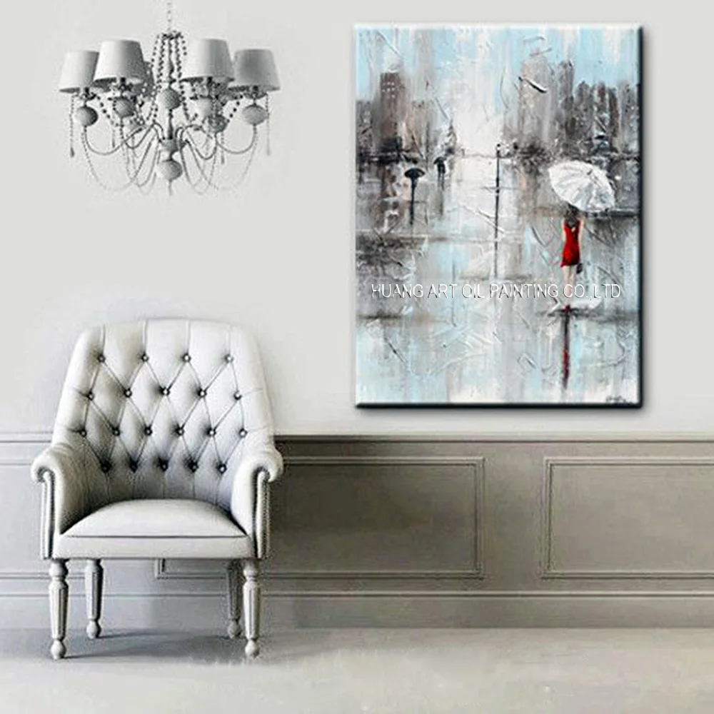 Art Abstract Painting Girl White SY Umbrella Red Dress Grey Blue City Rain