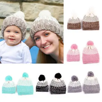 

5 Colors Mom And Baby Hat with Pompon Warm Raccoon Fur Bobble Beanie Kids Cotton Knitted Parent-Child Hat Winter Caps Xmas Gift