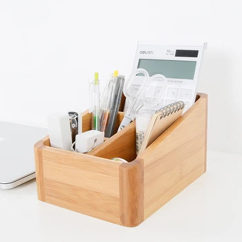

Modern Style Bamboo Storage Box Table Organizer 4 Slots Multi-Use Storage Box Wood Office Organizer Remote Controller Holder